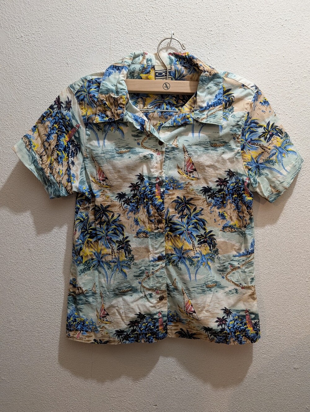 Vintage Ocean Pacific Op Hawaiian Shirt Pastel Surf Beach Scene Camp Unisex Sz S